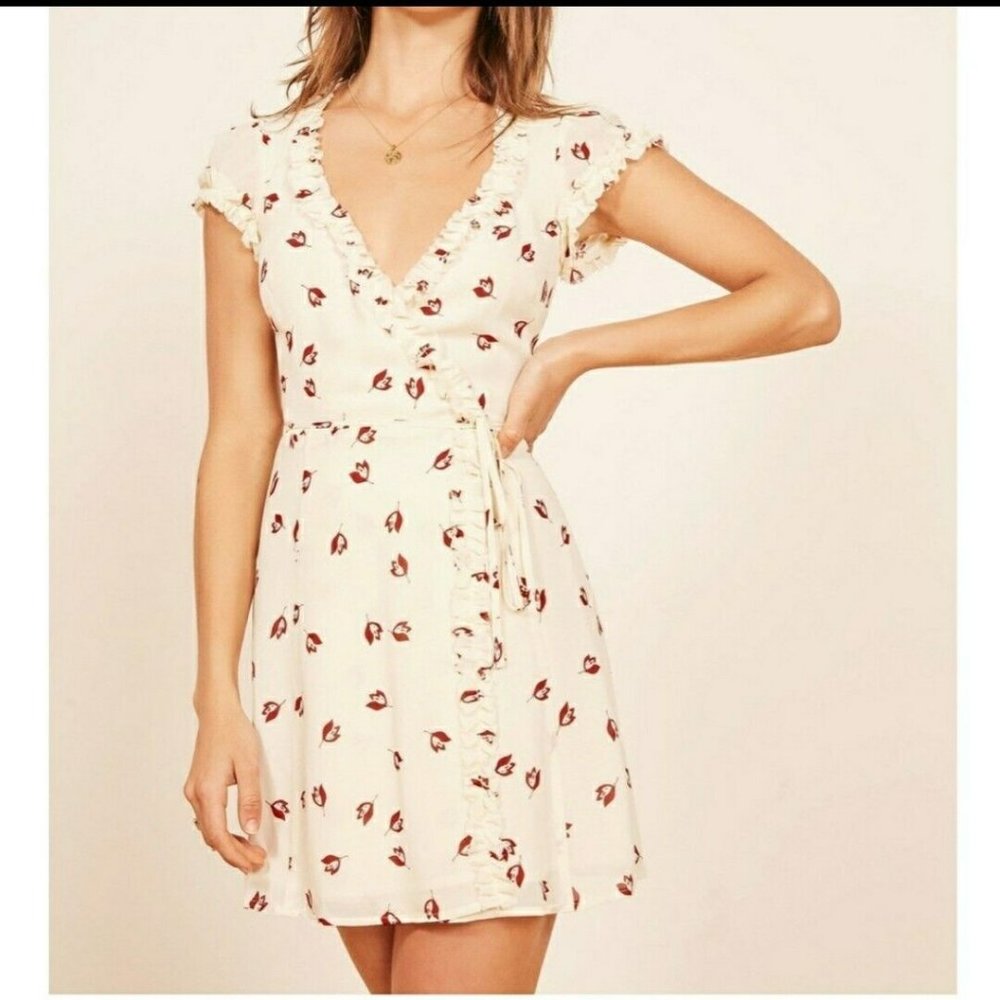 REFORMATION Ivory & Red Florentine Floral Garnet Wrap Mini Ruffle Dress Sz Small
